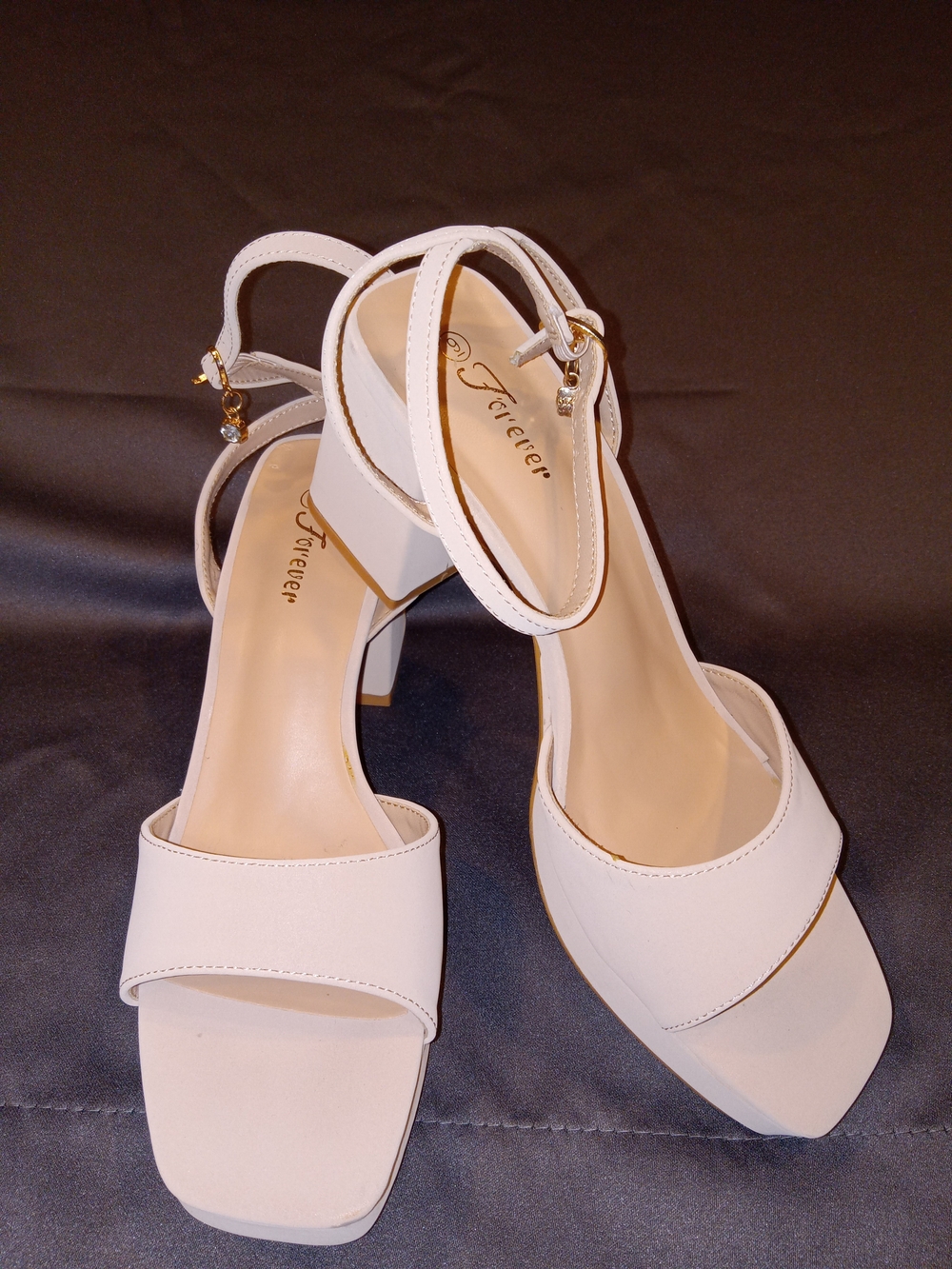 Forever 21 Cream Block Heel Sandals with Ankle Strap